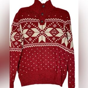 American Eagle Outfitters Sweater Nordic Ski Fairisle Mock Neck Red Cream Medium